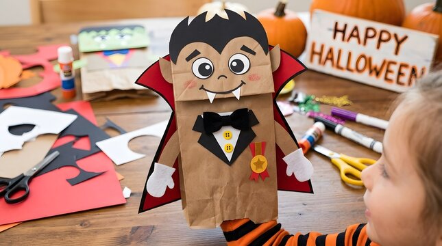 Child holding a handmade vampire paper bag puppet for a fun Halloween craft project