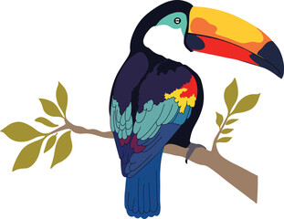Naklejka premium Tropical toucan bird perched on a tree branch, exotic jungle wildlife illustration
