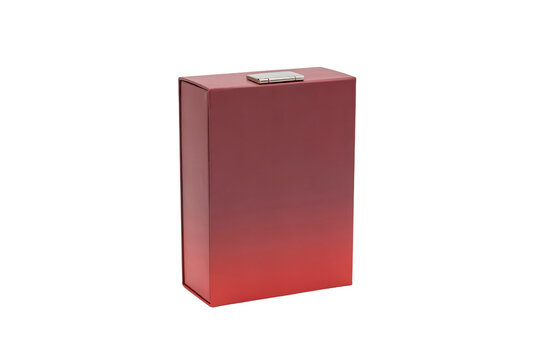Rectangular red gradient gift box with a silver magnetic closure mechanism isolated on a transparent background