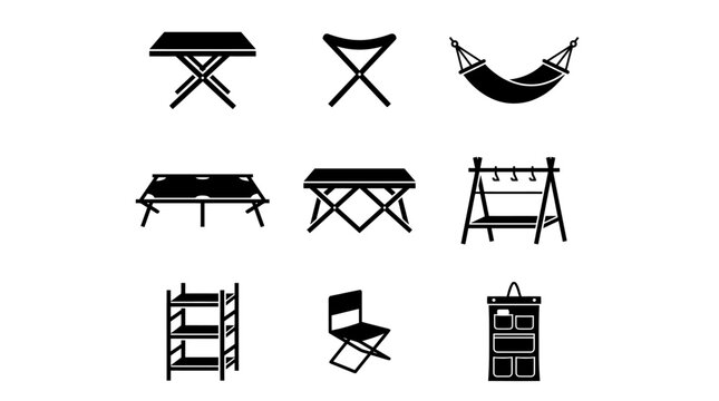 Collection of black silhouette icons depicting various portable camping and outdoor furniture items like folding tables, chairs, hammocks, and shelves on a white background.
