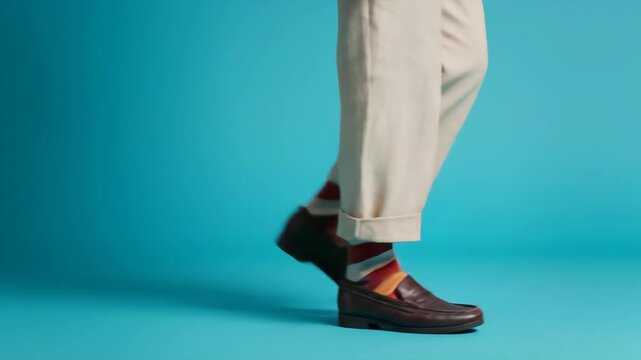 Person walking in brown loafers and colorful striped socks against a cyan backdrop.