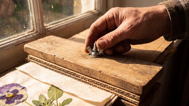 Close-up of a person's hand tightening a wing nut on a homemade wooden flower press next to a window, preserving pressed flowers.