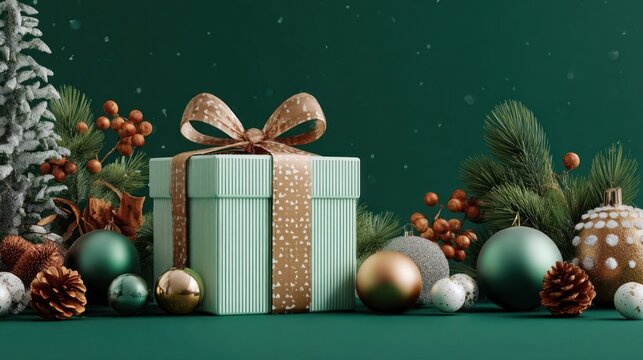 Green background with holiday gift box and seasonal decorations, 3D rendering