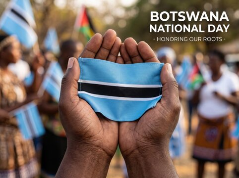 Two dark skinned hands cupped together holding a small fabric botswana flag with light blue black and white horizontal stripes against a blurred outdoor crowd background