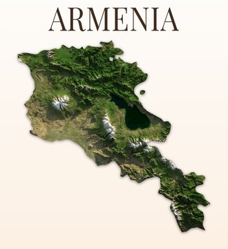 Armenia Shaded Relief Map. Hillshaded physical terrain map illustration. Light background with title. Illustration elements derived from NASA Imagery and NASADEM Global Elevation Model.