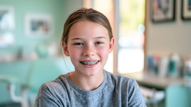 Smiling Young Girl With Braces Sitting Indoors, Happy Preteen Portrait in Bright Modern Dental Clinic, Healthy Teeth, Orthodontic Treatment, Confidence and Children&rsquo;s Dental Care Concept