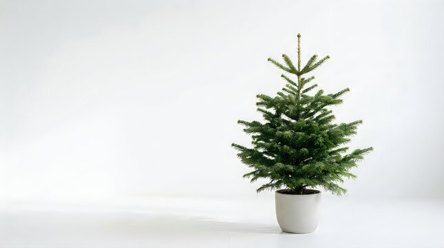 Happy Christmas Small potted fir tree on white background, minimalist green pine plant, isolated evergreen for decoration, festive artificial nature concept High quality jpg