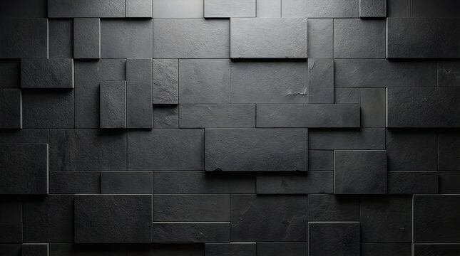Abstract dark stone wall background with rectangular tiles of varying depths, creating a modern textured surface with dramatic lighting and shadows