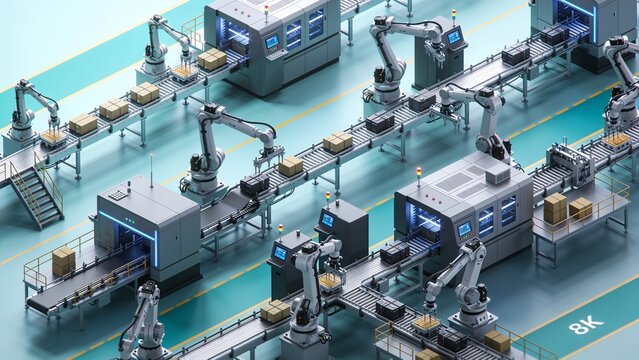 Isometric 3D illustration of smart factory system