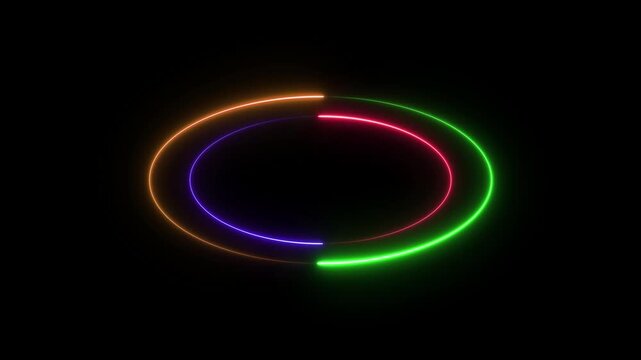Vibrant multi-colored neon rings glowing in bright pink green blue and orange orbiting abstractly for energetic dance party background and dynamic electronic music video visuals