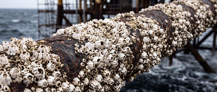 Rust-covered industrial pipe densely covered with barnacles extending over choppy ocean water near an oil rig