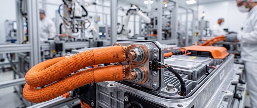 High voltage orange battery cables connect to electric vehicle powertrain module on automated assembly line with robotic arms in background