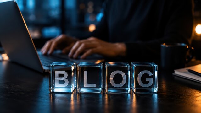 Blog lettering on glass blocks with person using laptop in dark modern workspace for digital content creation.