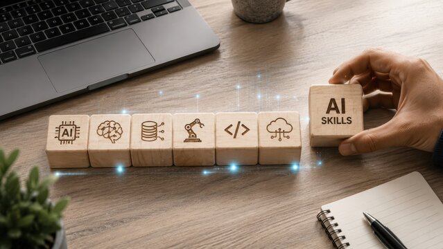 AI skills concept with technology icons, laptop, and wooden blocks representing artificial intelligence education, professional training, and digital career development.