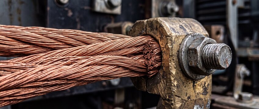 Industrial heavy duty braided copper cable terminal connector provides highly secure electrical ground connection in power substation