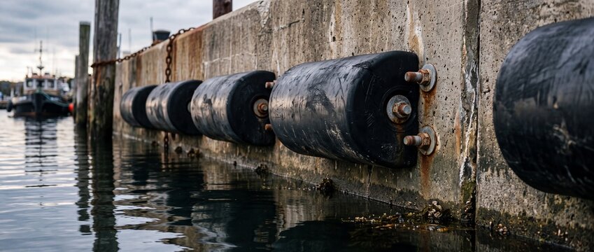 Line of black rubber dock fenders attached to concrete wall protecting moored boats from damage at waters edge