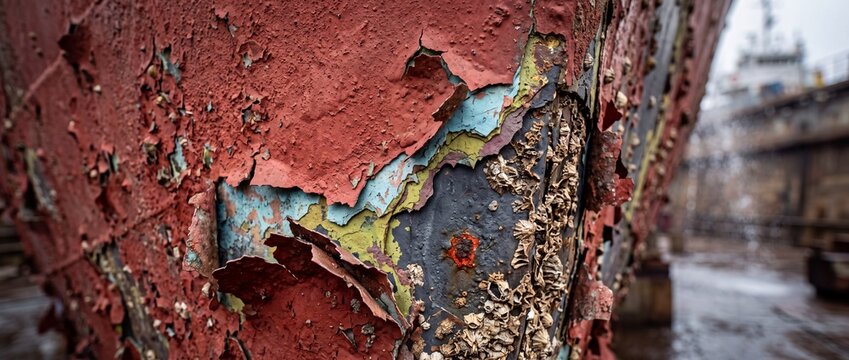 Peeling red paint on weathered ship hull with barnacles showing rust and blue undercoat in dry dock environment