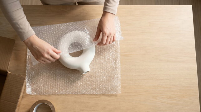 Fragile item, hands wrapping ceramic vase in bubble wrap on wooden table with packing box for secure shipping and delivery.