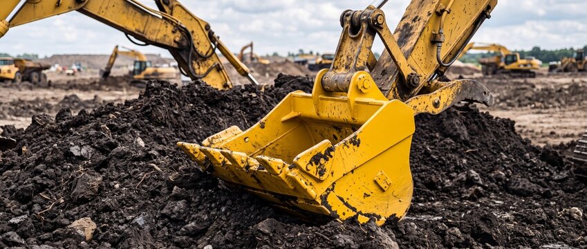 Yellow excavator bucket digging dark brown soil on construction site project for earthmoving industrial excavation and land development