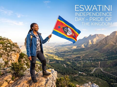 Young woman hiker standing on a rocky mountain peak holding the eswatini national flag against a blue sky with a vast valley landscape in the background during a sunny day