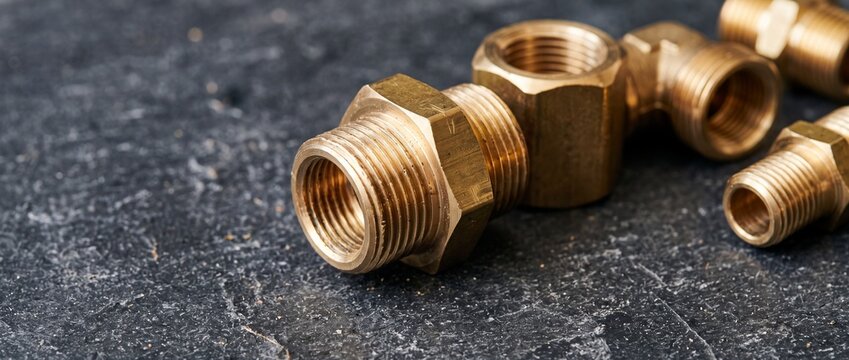 Brass threaded pipe fittings and connectors lie on a dark textured slate background for plumbing installations and hydraulic repairs