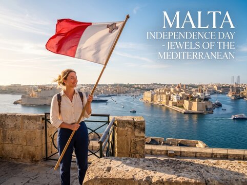 Young woman standing on a stone balcony holding a waving malta flag overlooking the grand harbour in valletta with historic limestone buildings and blue mediterranean sea under a clear sky