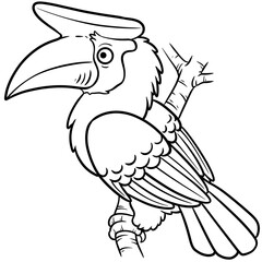 Cute cartoon Rufous hornbill bird perching on a tree branch, black and white line art illustration for coloring page and kids education © Kitipong