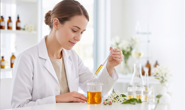 Scientist pipetting liquid into beaker in bright laboratory with natural ingredients, for cosmetic research and development.