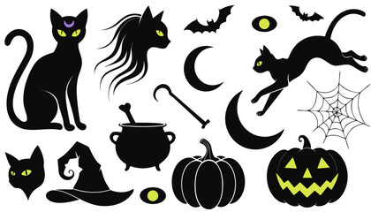 Obraz premium Black Cats Vector Collection, Halloween Spooky Icons, Mystical Design Elements for Festive Decorations. with Bats