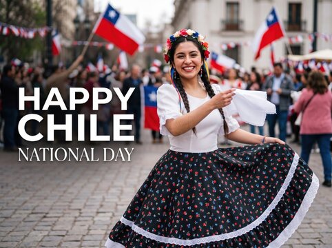 Young woman wearing traditional chilean dress and floral headpiece dancing with a white handkerchief during a public celebration with chilean flags in the background