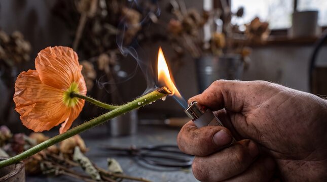 Florist cauterizes poppy stem with lighter flame for preservation, showcasing petals and crafting process