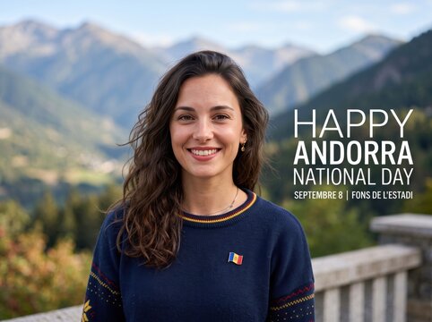 Young woman with long brown hair smiling in front of blurred pyrenees mountains wearing a dark blue sweater with an andorra flag pin for national day celebration