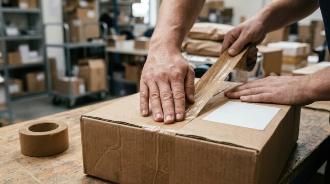 Hands sealing a cardboard box with tape in a warehouse, close-up, logistics