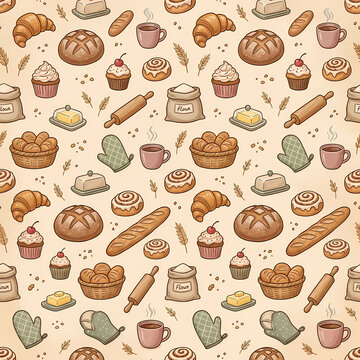 Variety of baking essentials like flour sacks, rolling pins, oven mitts, breads, pastries, and coffee cups suitable for bakery concepts.