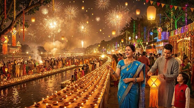 Floating lamps and fireworks at a massive riverbank festival.