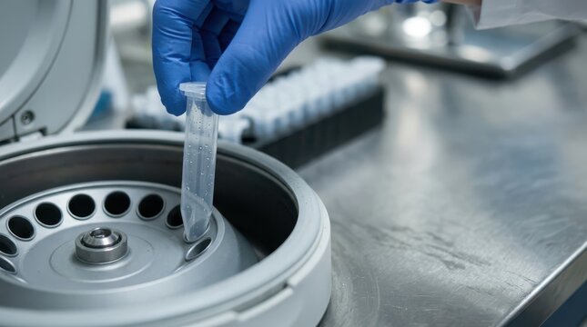 Scientist Placing a Microcentrifuge Tube into a Laboratory Centrifuge Machine