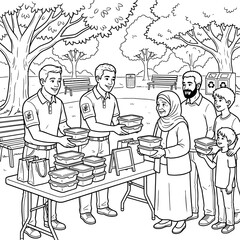 Fototapeta premium Volunteers distributing food to family in a park coloring page