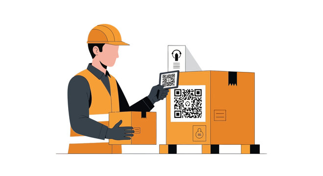 Warehouse Worker Scanning QR Code on Cardboard Box for Inventory Management and Logistics Vector Illustration