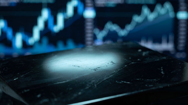 Trading podium with blurred stock market charts on background, finance, investment, crypto, forex, business