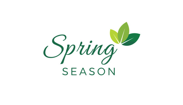 Spring season green leaf typography logo banner showing delicate script lettering and three realistic leaves on white background.