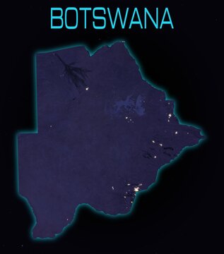 Botswana at Night Map with City Lights and Neon Glow. Satellite-style terrain illustration in space with title. Elements derived from NASA imagery and NASADEM Dataset.