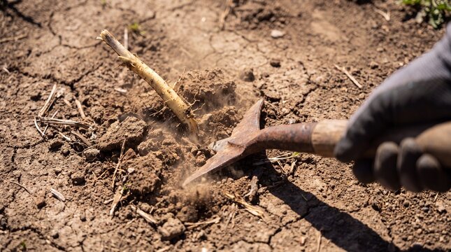 Gardener using a trowel to carefully remove a dandelion taproot from dry, cracked soil