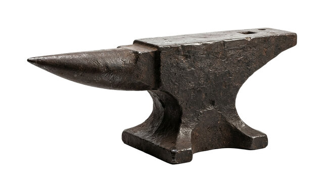Old rustic blacksmith anvil made of forged iron isolated on a solid black background