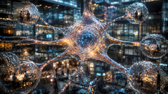 Futuristic artificial intelligence brain connected to multiple business teams inside transparent digital spheres, representing AI, global connectivity, business networking, data sharing, collaboration