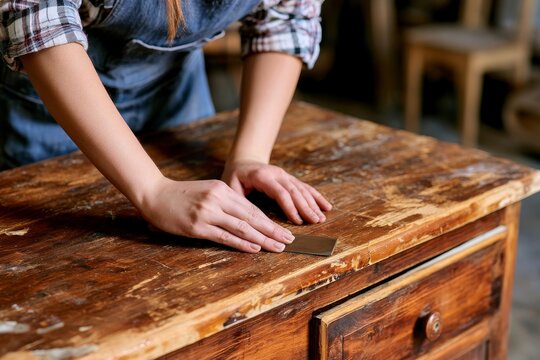 Artisan sanding vintage wood furniture for restoration project