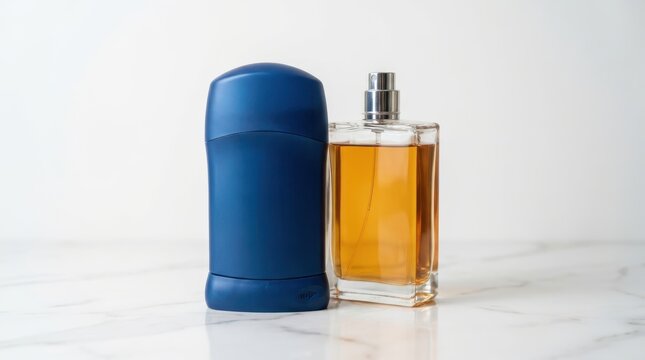 Blue deodorant stick and a glass bottle of amber perfume on a marble background