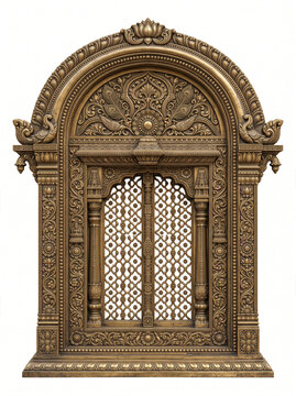Traditional Dravidian Arched Brass Temple Window with Fluted Pilasters and Diamond Jali