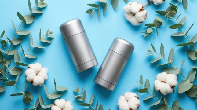 Top view of two silver deodorant sticks arranged with cotton flowers and eucalyptus leaves on a bright blue background