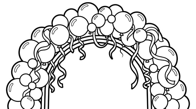 Black and white outline illustration of a festive balloon arch with streamers, isolated on a white background