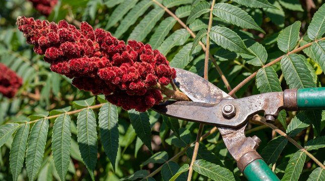 Gardening shears pruning fuzzy red sumac berries on a green leafy branch in bright daylight.